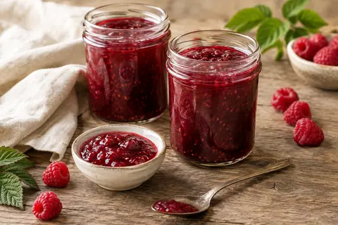 Deux pots de confiture extra de framboise accompagnés de fruits frais et d’une tranche de brioche.