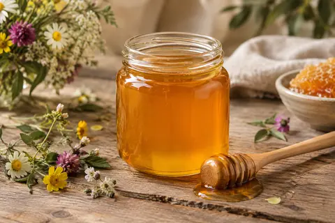 Pot de miel toutes fleurs doré posé sur une table en bois, avec une tartine et quelques fleurs fraîches.