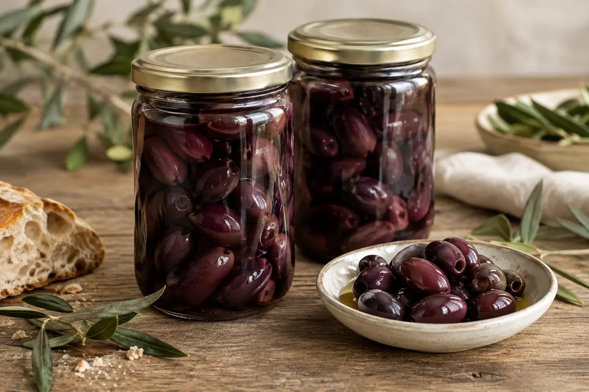 Olives Kalamata noires aux reflets violets servies dans un bol en verre sur une table en bois patiné.