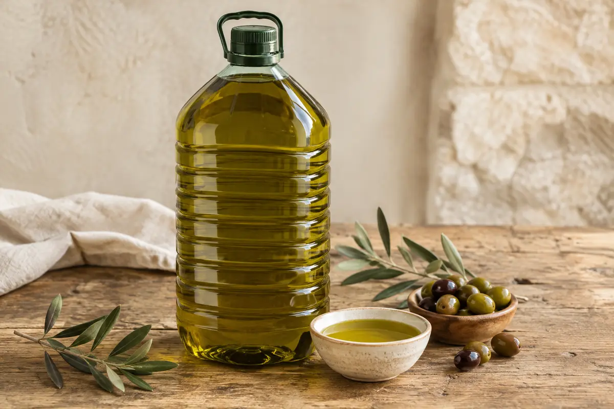 Huile d’olive extra vierge grecque sur une table en bois avec olives et carafe de service