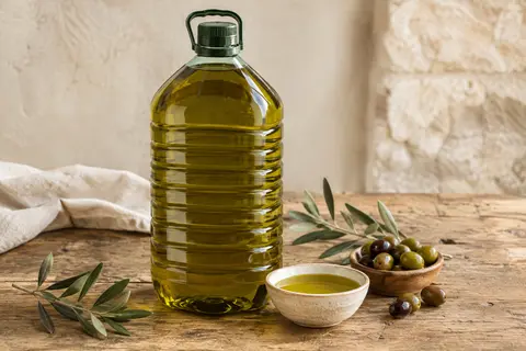 Huile d’olive extra vierge grecque sur une table en bois avec olives et carafe de service
