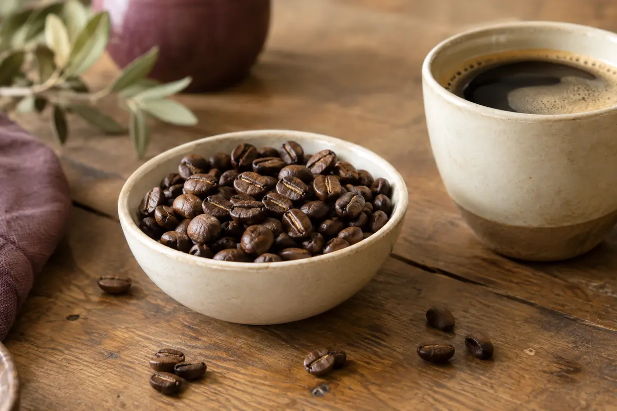 Grains de café arabica dans un bol près d’un sachet neutre, sur une table en bois patiné.