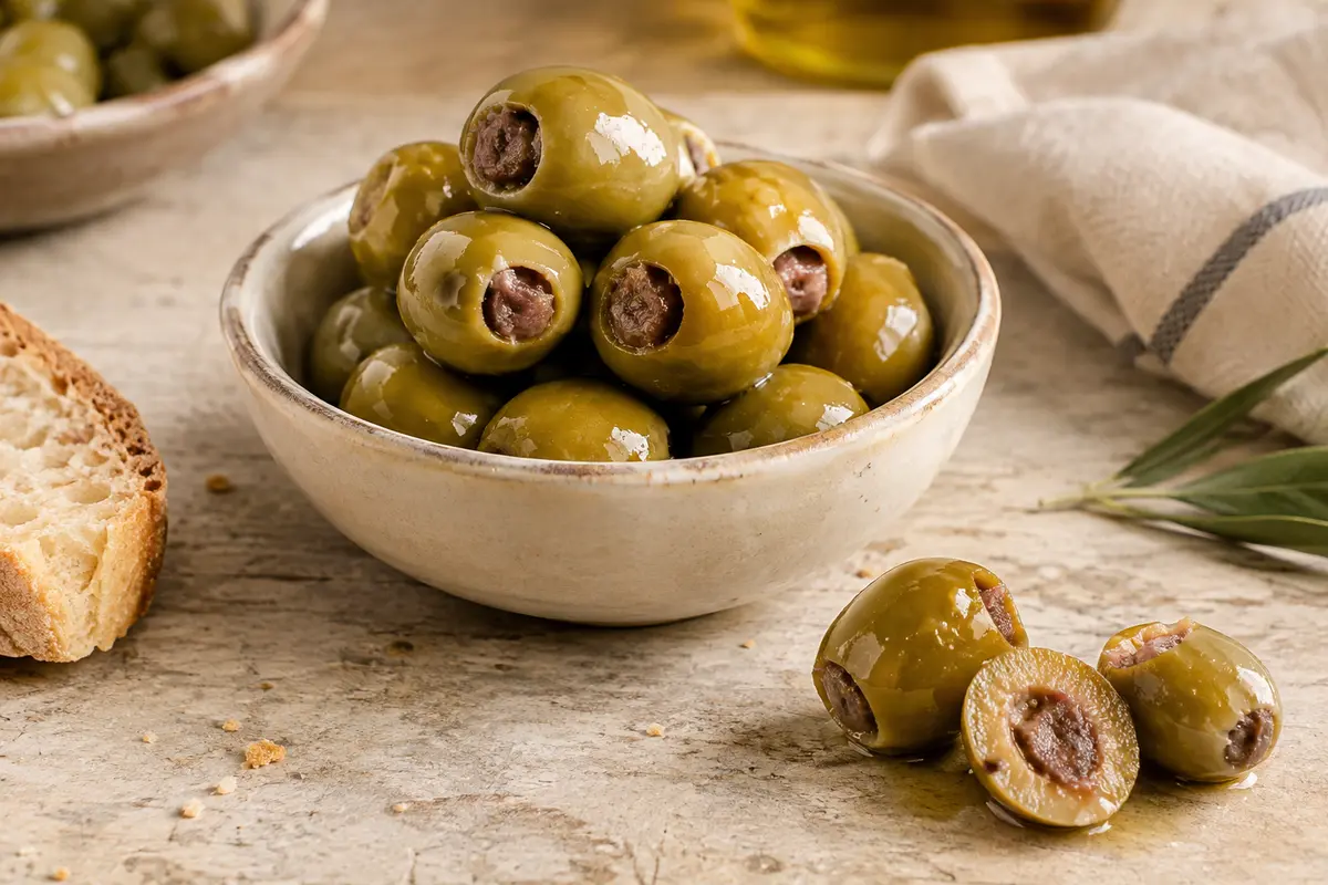 Olives farcies aux anchois présentées dans un petit plat sur une table en bois patiné.