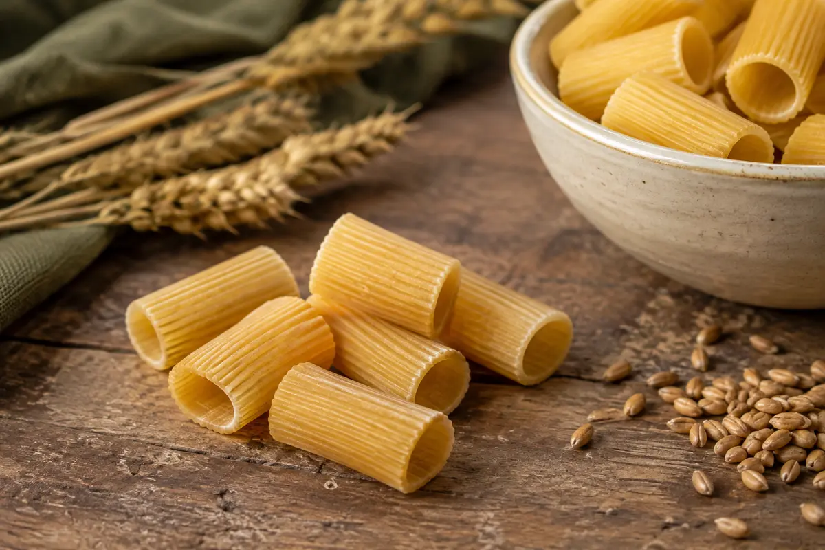 Demi-rigatoni secs, courts et striés, présentés sur une table en bois avec une sauce généreuse à proximité.