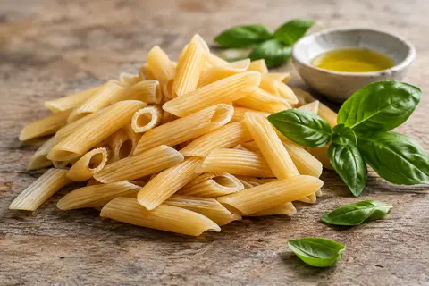 Penne rigate sèches dans un bol crème posé sur une table en bois avec du basilic frais
