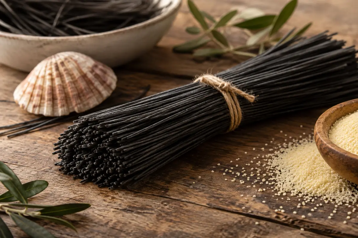 Spaghetti noirs à l’encre de seiche servis dans une assiette, avec quelques pâtes sèches à côté
