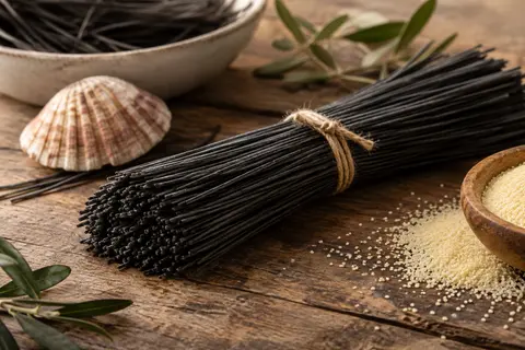 Spaghetti noirs à l’encre de seiche servis dans une assiette, avec quelques pâtes sèches à côté