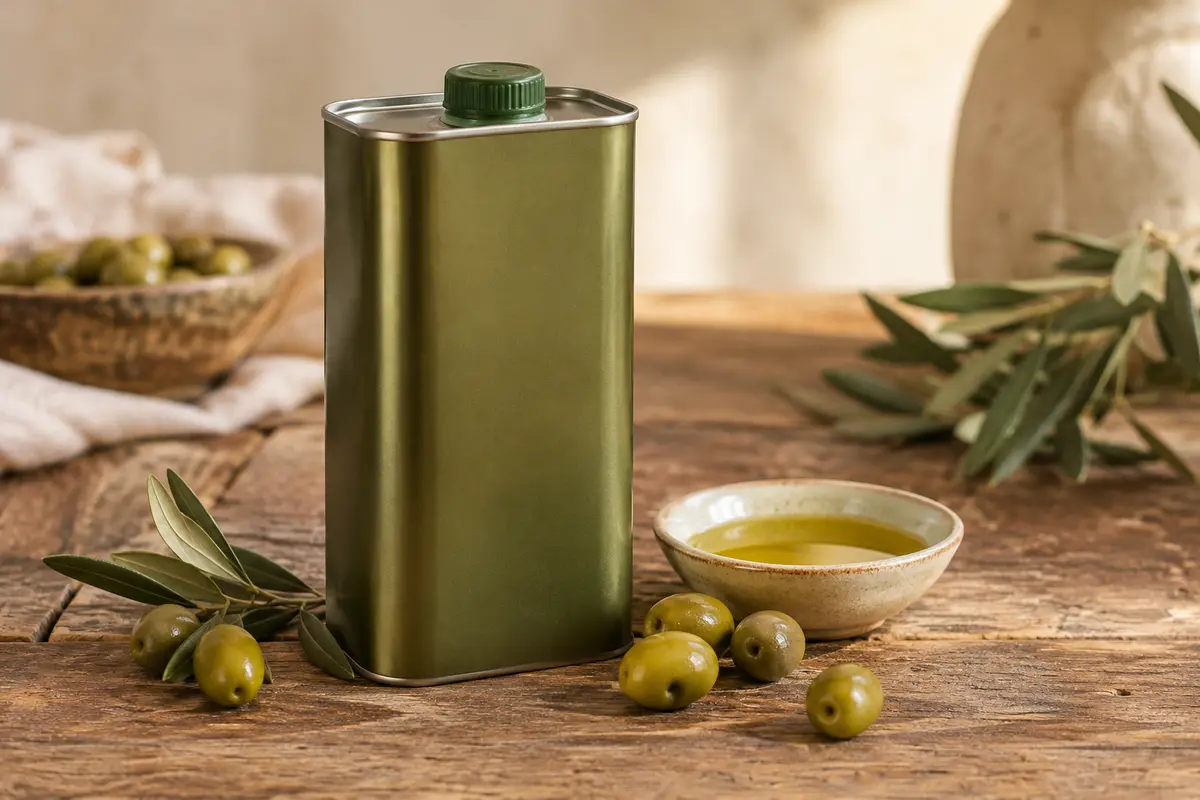 Bidon métallique d’huile d’olive vierge extra bio posé près d’olives vertes et d’une coupelle d’huile
