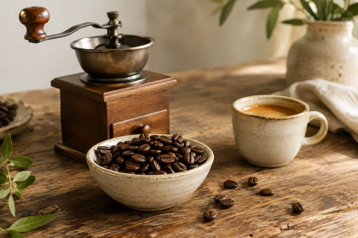 Grains de café torréfiés présentés dans un bol sur une table en bois, avec un espresso en arrière-plan.