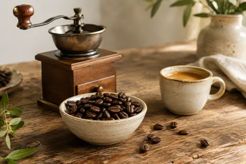 Grains de café torréfiés présentés dans un bol sur une table en bois, avec un espresso en arrière-plan.