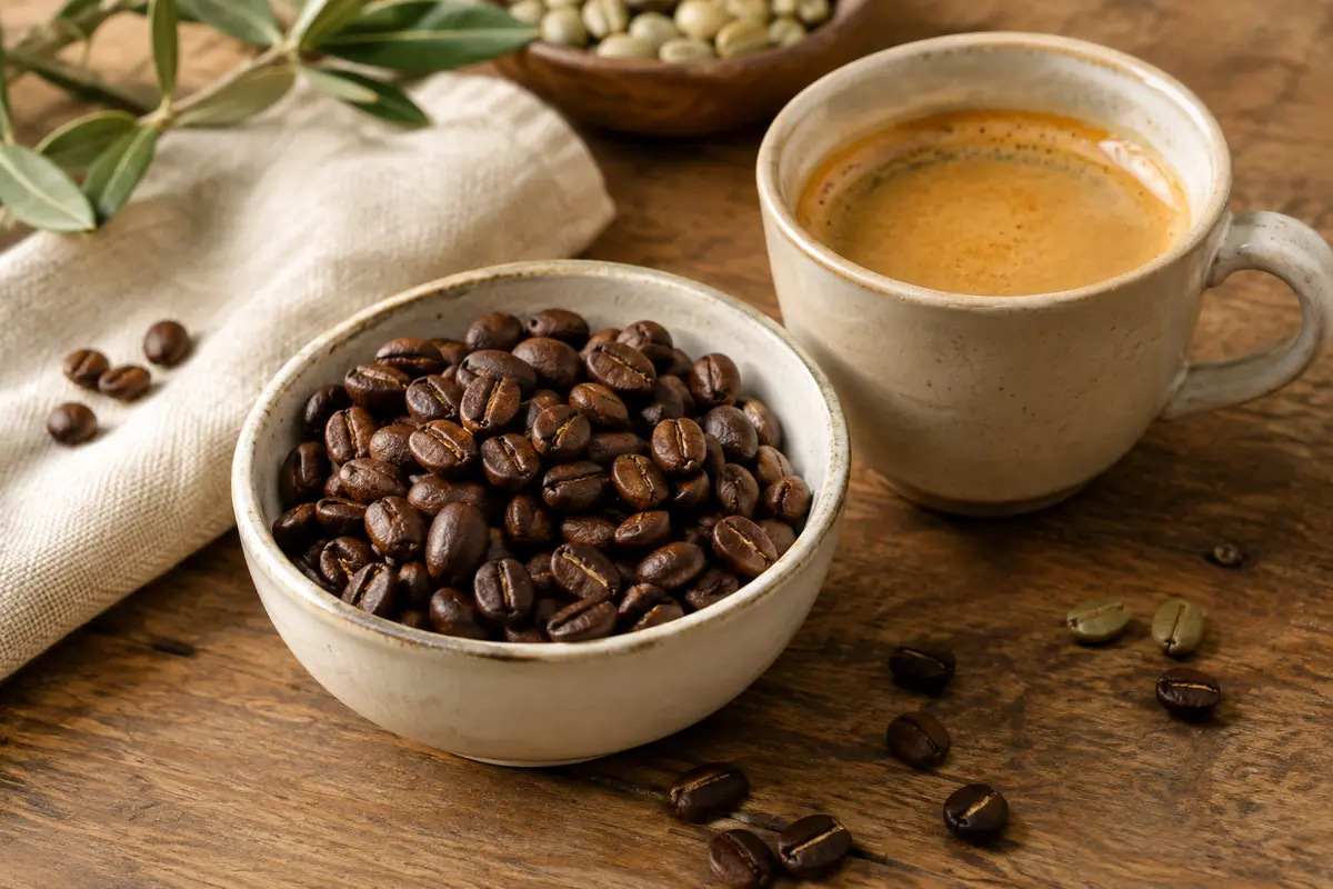 Espresso à la crema persistante accompagné de grains de café torréfiés sur une table en bois
