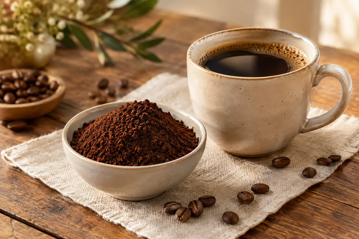Café moulu Robusta dans un bol, avec une tasse préparée et des paquets neutres sur une table en bois