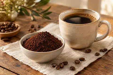 Café moulu Robusta dans un bol, avec une tasse préparée et des paquets neutres sur une table en bois