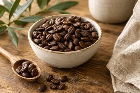 Grains de café torréfiés disposés dans un bol sur une table en bois, avec un moulin à café