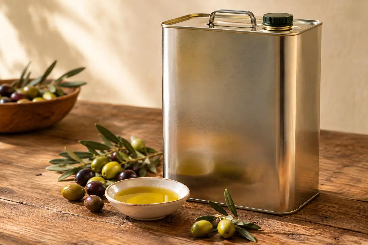 Bidon en aluminium de 5 litres d’huile d’olive posé sur une table en bois avec des olives
