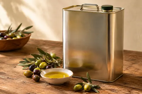 Bidon en aluminium de 5 litres d’huile d’olive posé sur une table en bois avec des olives