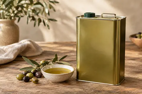 Bidon métallique de 3 litres d’huile d’olive posé sur une table avec quelques olives et un bol d’huile