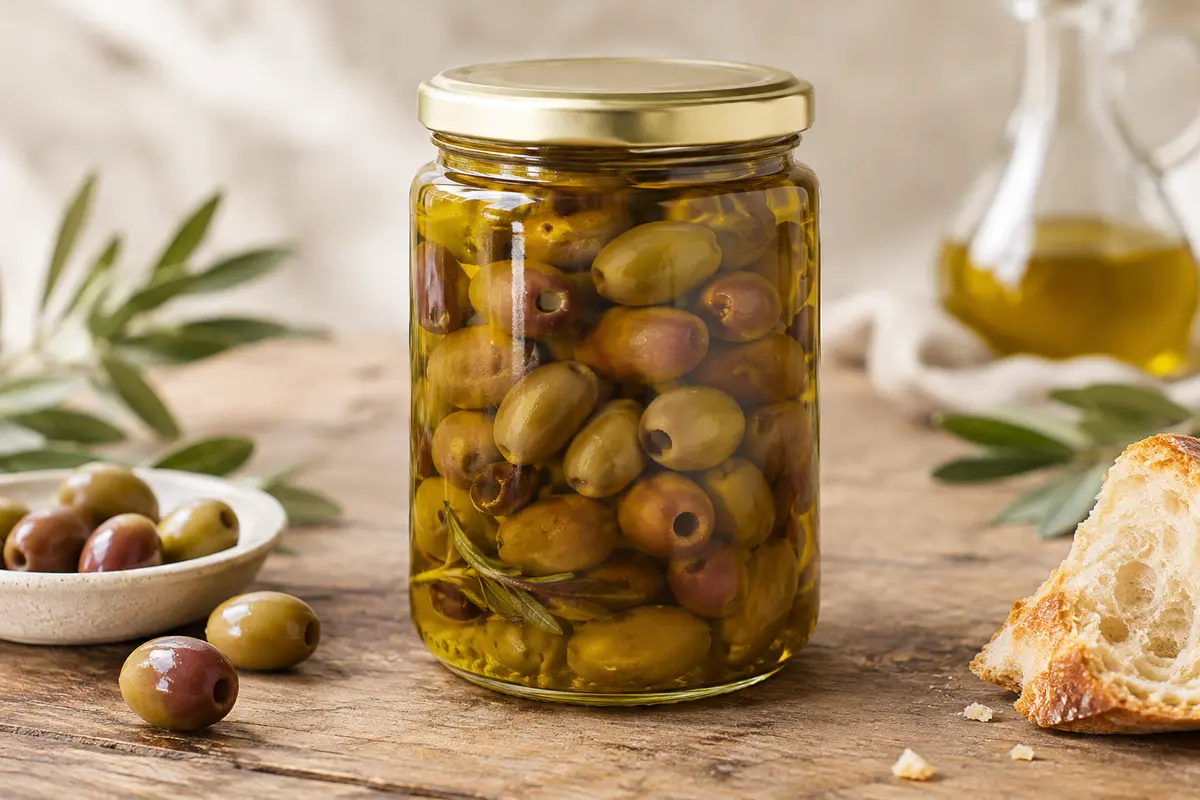Olives Taggiasca dénoyautées et brillantes d’huile servies dans une coupelle sur une table en bois