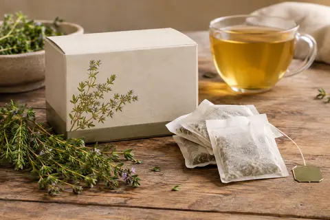 Boîte sobre de tisane au thym, sachets et tasse fumante sur une table en bois clair