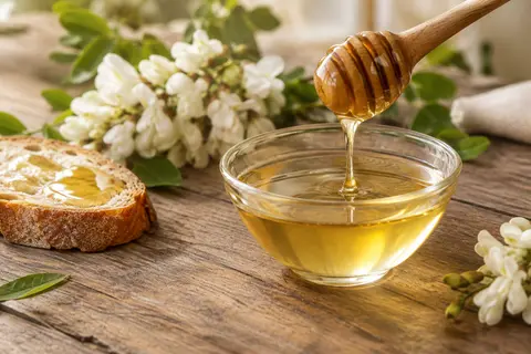 Pot de miel d’acacia liquide doré posé sur une table en bois avec une cuillère et du pain