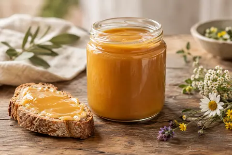 Pot de miel de fleurs crémeux à la robe caramel posé sur une table en bois, avec une tartine.