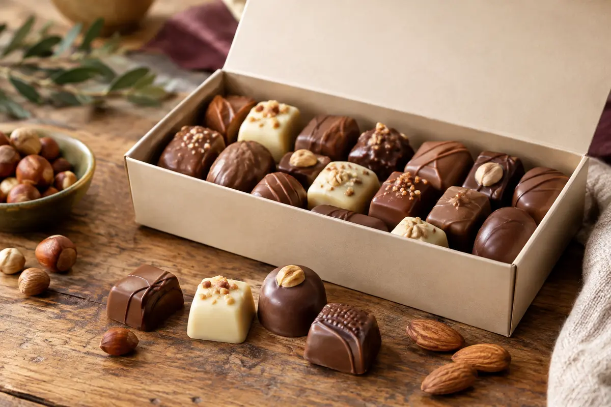 Bouchées de chocolat au lait et blanc au praliné, gianduja, noisettes et amandes sur une table en bois