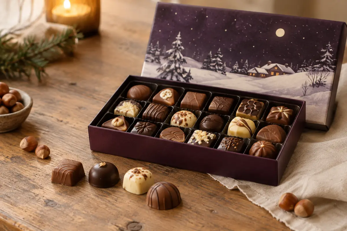 Assortiment de bouchées de chocolats au lait, noirs et blancs dans un coffret décoré pour Noël