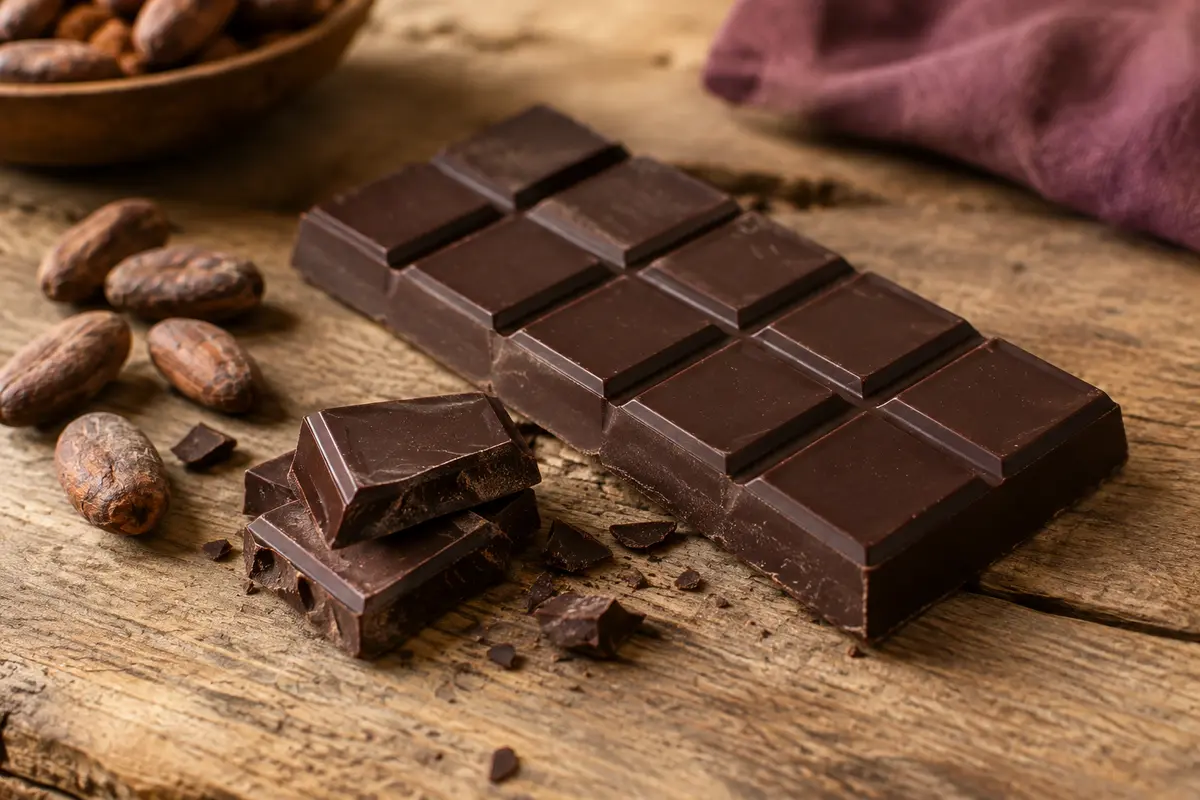 Barres de chocolat noir de dégustation disposées avec quelques morceaux sur une table en bois patiné.