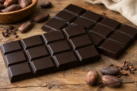 Tablette de chocolat noir à 90 % de cacao avec quelques morceaux et une tasse de café sur une table en bois.