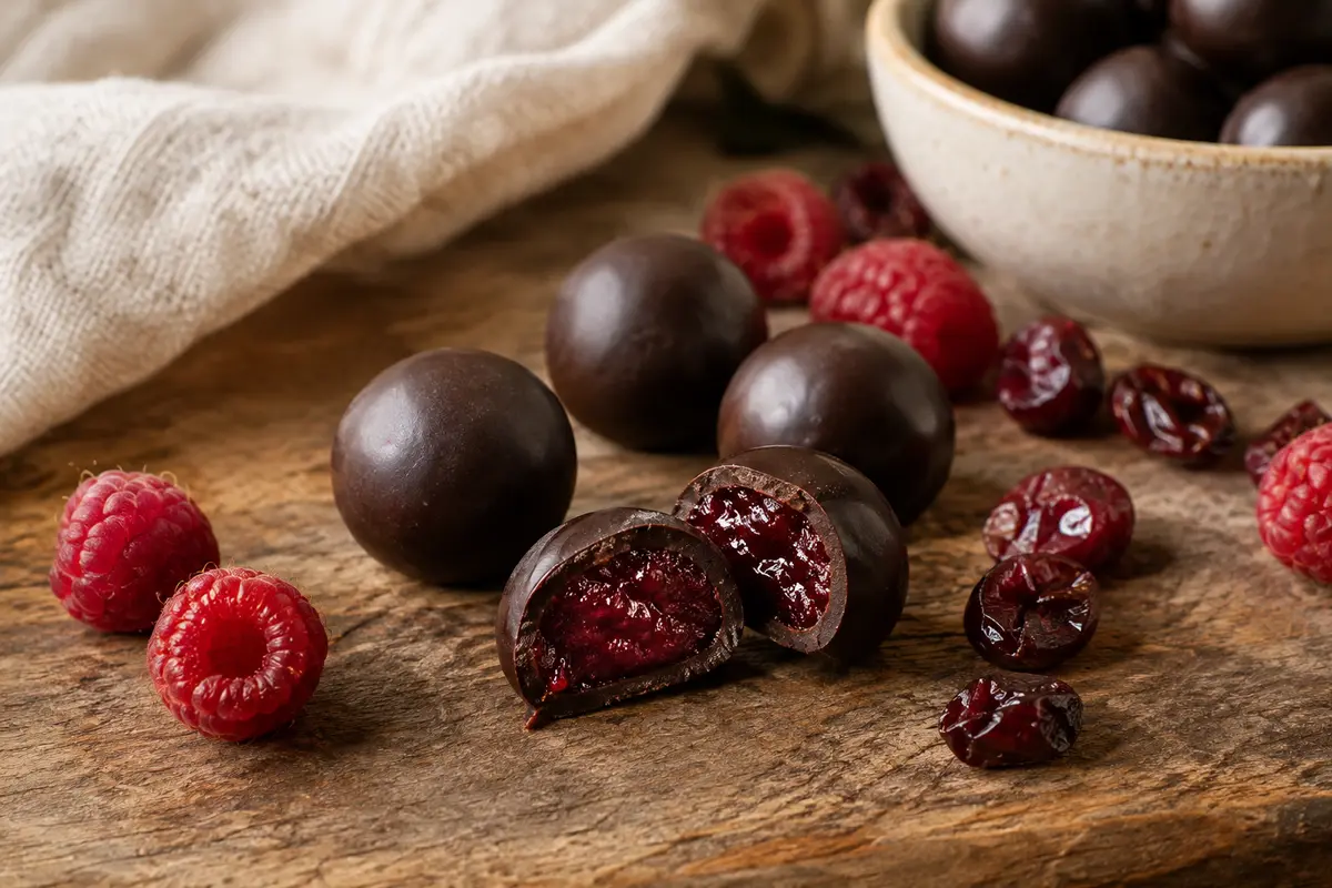 Billes de chocolat noir ouvertes sur un cœur fruité rouge, avec framboises et canneberges sur une pierre claire.