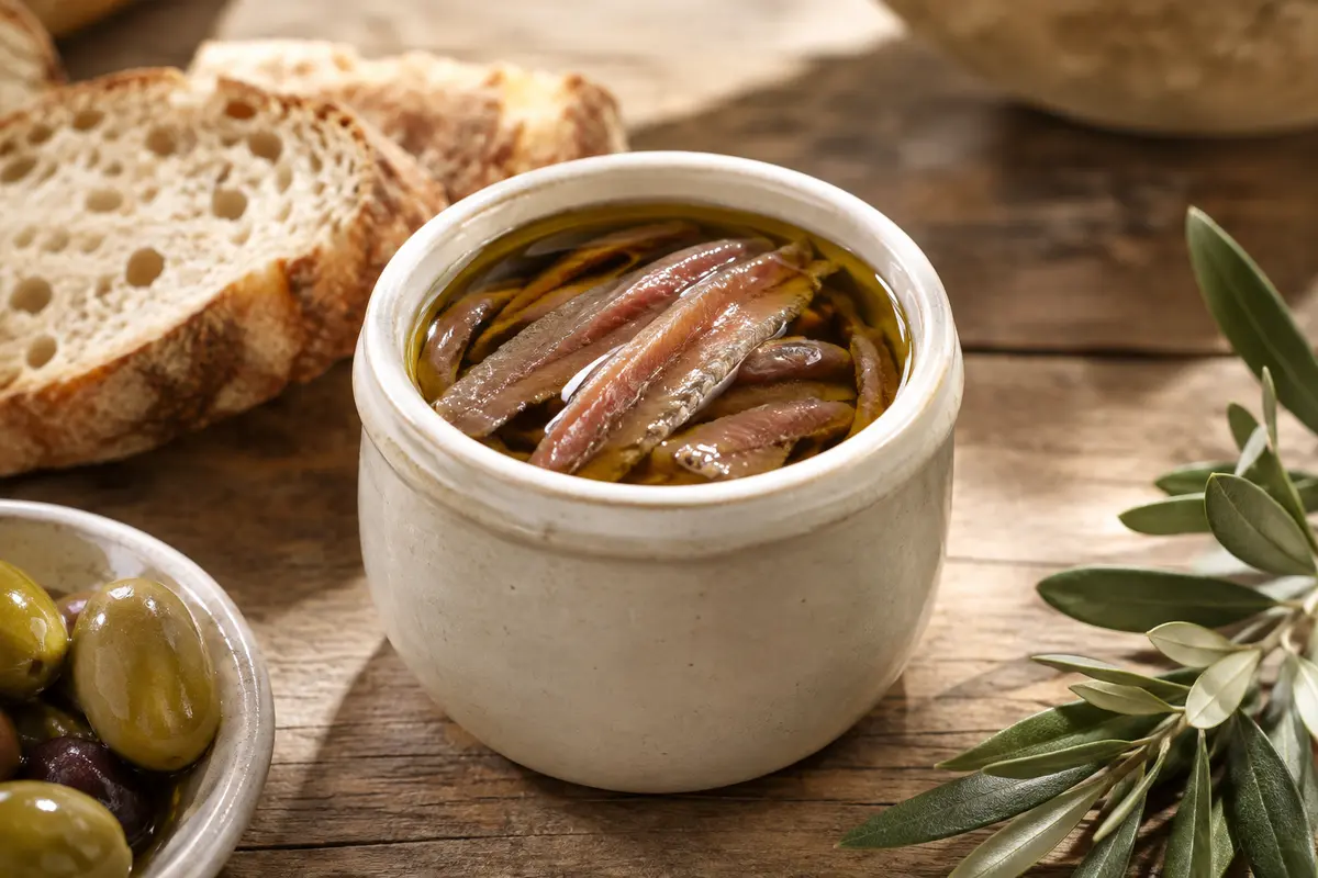 Filets d’anchois dans l’huile d’olive, servis en pot avec du pain et quelques olives sur une table en bois.