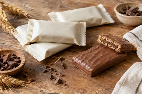 Biscuits croustillants au cœur chocolaté et enrobage de chocolat au lait sur une table en bois