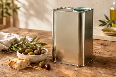 Bidon en fer-blanc d’huile d’olive crétoise posé près d’une coupelle d’huile jaune-vert et d’olives