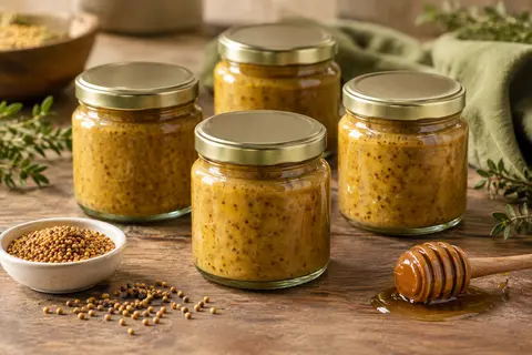 Bocal de moutarde au miel doré posé sur une table en bois avec graines de moutarde et fromage