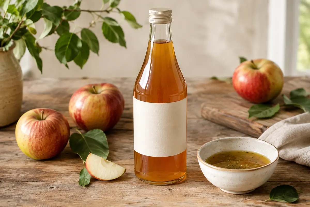 Bouteille en verre de vinaigre de cidre près de quartiers de pomme et de crudités sur une table en bois