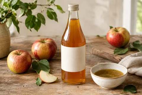 Bouteille en verre de vinaigre de cidre près de quartiers de pomme et de crudités sur une table en bois