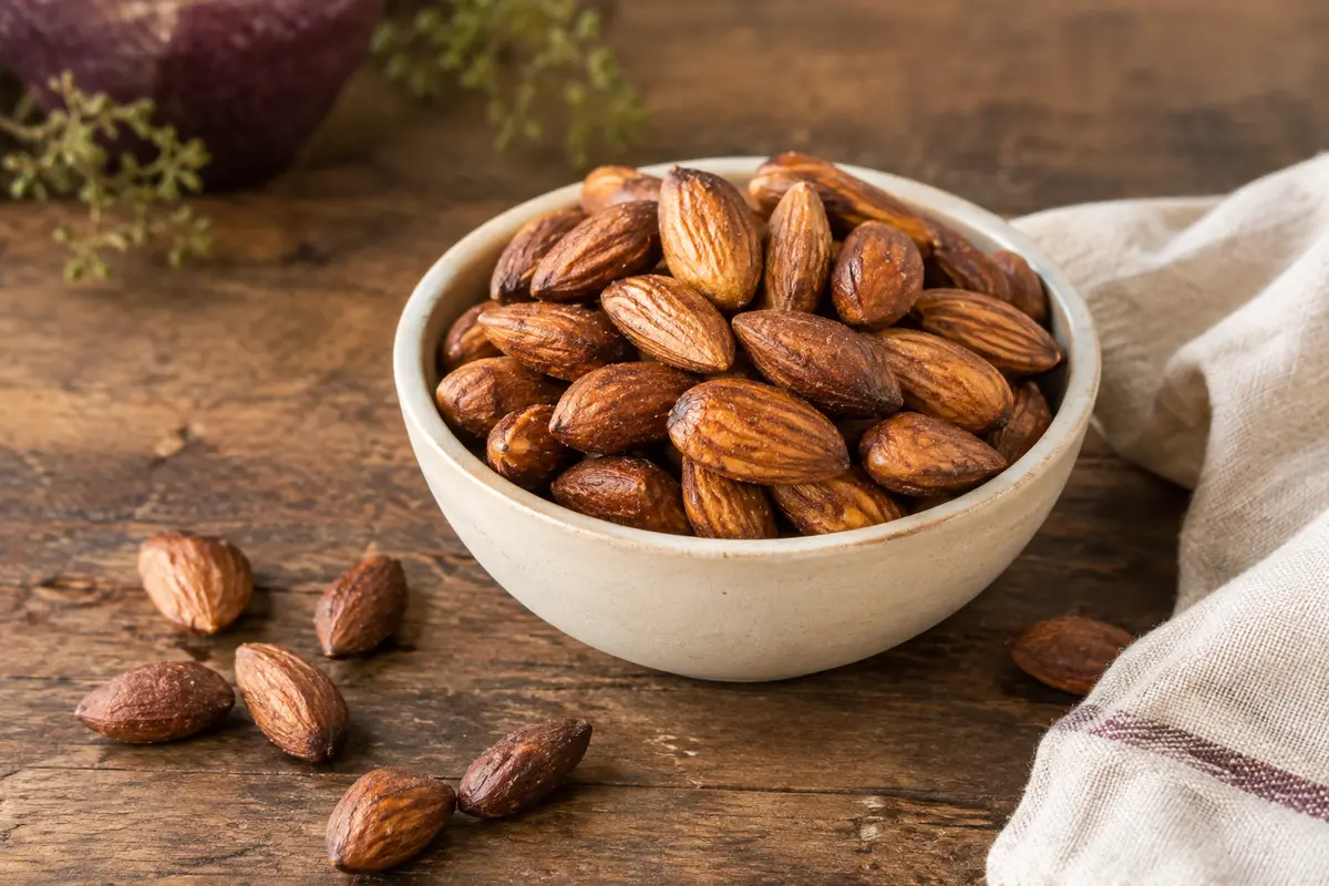 Amandes décortiquées grillées à sec dans une coupelle sur une table en bois patiné.