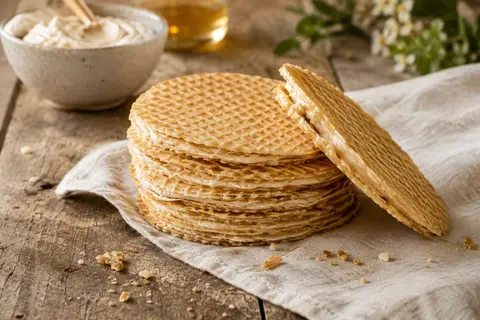Gaufrettes Manner Neapolitaner à la noisette empilées sur une table en bois avec des noisettes.