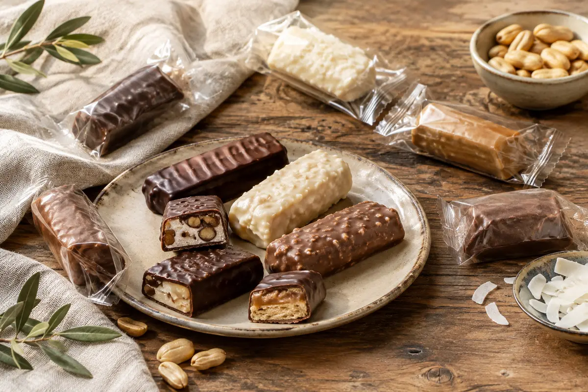Assortiment de mini barres chocolatées emballées individuellement, présenté sur un plateau en bois