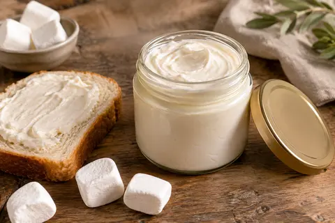 Pot ouvert de pâte à tartiner à la guimauve avec du pain et des fruits sur une table en bois