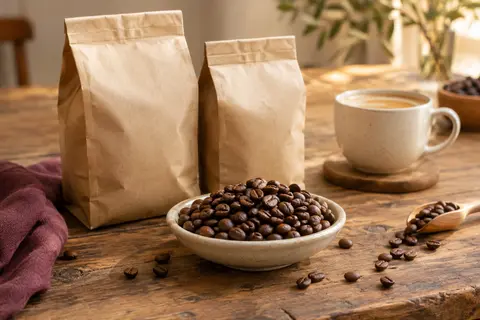 Grains de café Melitta BellaCrema La Crema présentés avec une tasse de café crème sur une table en bois