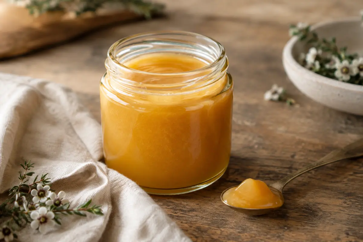 Pot en verre de miel de Manuka posé sur une table en bois avec une cuillère à miel