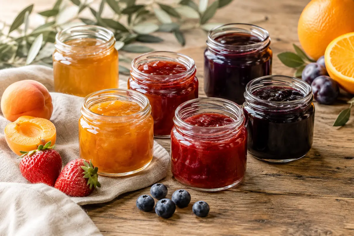 Petits pots en verre de confiture aux teintes fruitées disposés avec du pain et des fruits frais