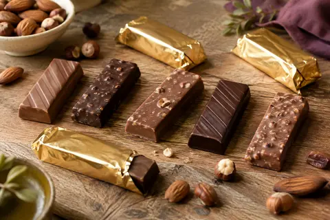 Assortiment de chocolats au lait et noir, dont des barres emballées individuellement, sur une table en bois.