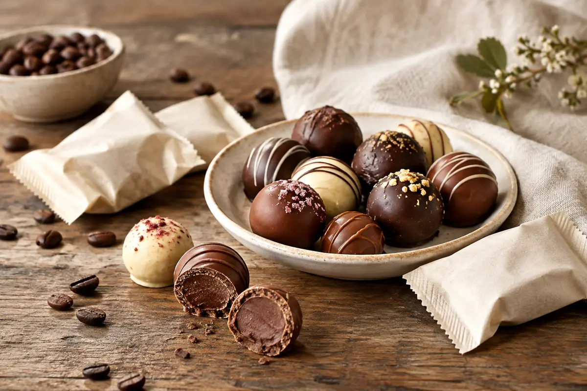 Bouchées rondes de chocolat aux garnitures variées, emballées individuellement dans une boîte ouverte.