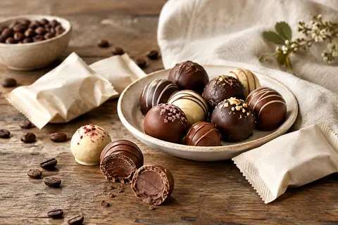 Bouchées rondes de chocolat aux garnitures variées, emballées individuellement dans une boîte ouverte.