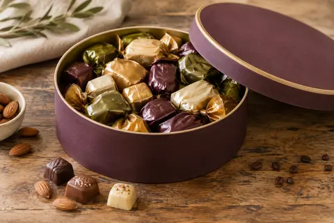 Boîte ronde ouverte et chocolats emballés individuellement présentés sur une table en bois patiné.