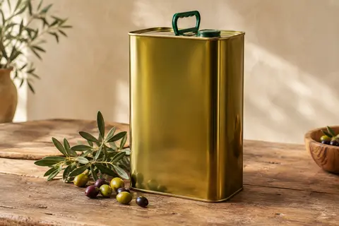 Bidon de 5 litres d’huile d’olive crétoise près d’olives et d’une coupelle d’huile dorée.