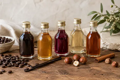 Cinq petits flacons en verre de sirop Monin réunis sur une table avec café, vanille, cannelle et noisettes