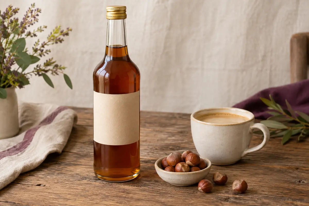 Bouteille en verre de sirop brun ambré à la noisette grillée, posée avec quelques noisettes sur une table claire.